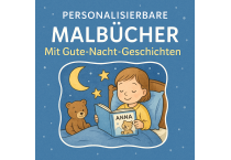 Ein Kind liegt im Bett, liest ein personalisiertes Malbuch mit dem eigenen Namen, daneben ein Teddybär. Über dem Bett leuchten Mond und Sterne. Text: ‚Personalisierbare Malbücher mit Gute-Nacht-Geschichten
